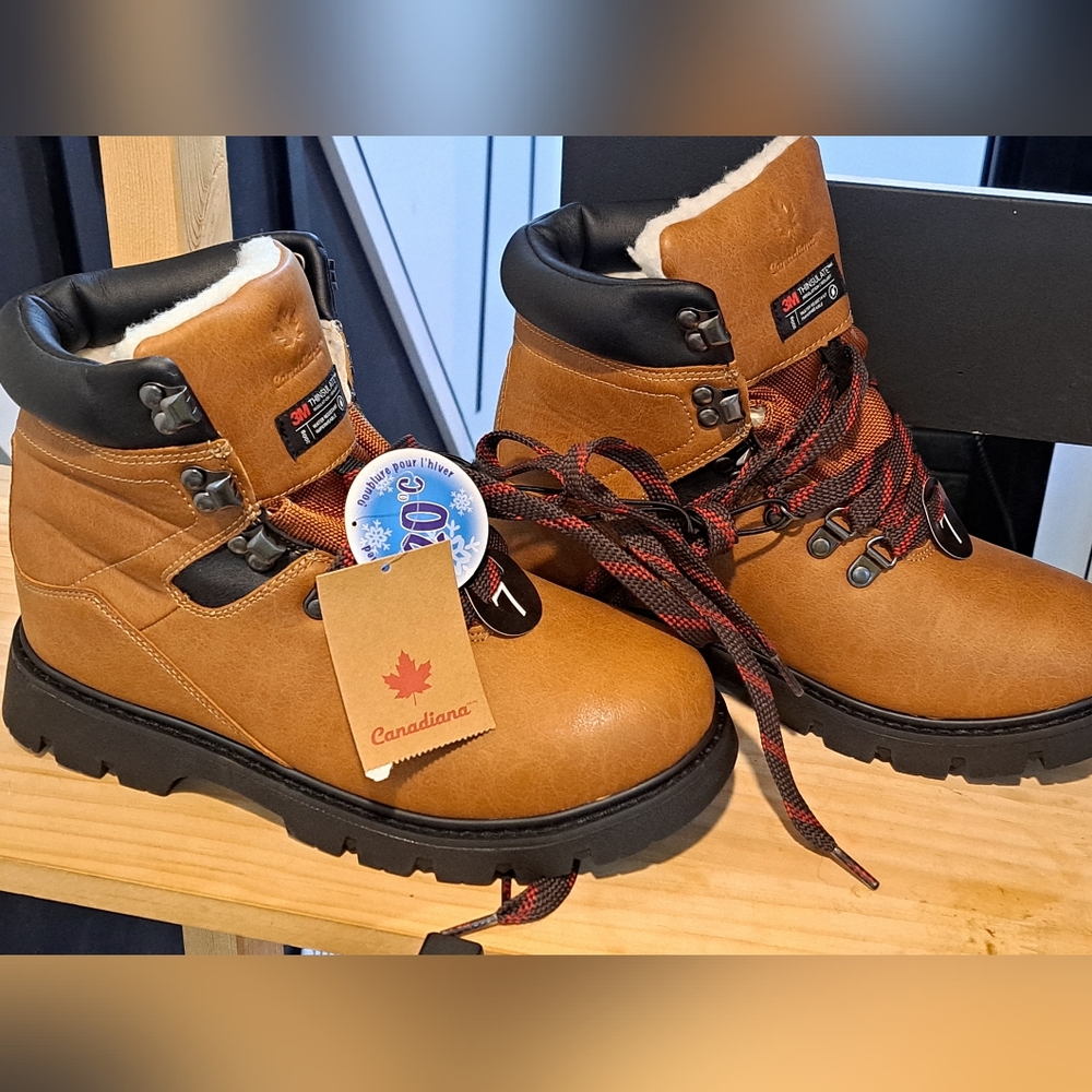 Canadiana Mens Brown Leather Faux Fur Lined Snow Winter Boots. Weather Rated -20